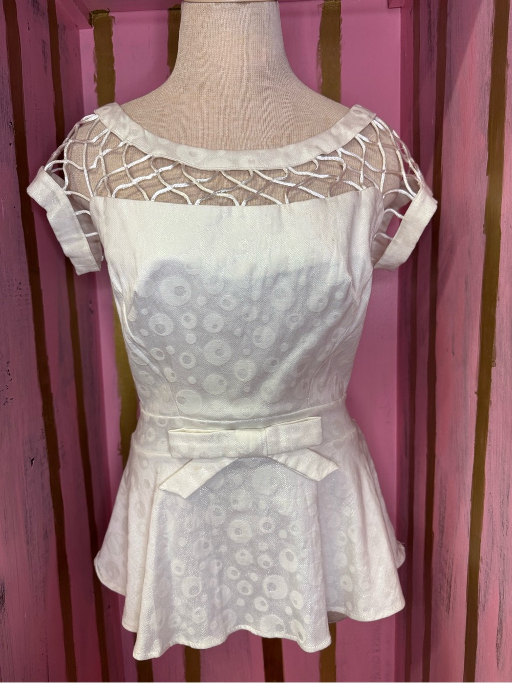 Tatyana White Cap-Sleeve Peplum Top with Lattice Yoke